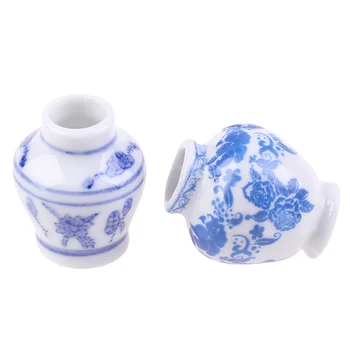 1 Készlet(2db) Mini Kék-fehér porcelán váza DIY Kézzel készített babaház Konyha Kerámia Dísz Decora váza Babaház Miniatúrák