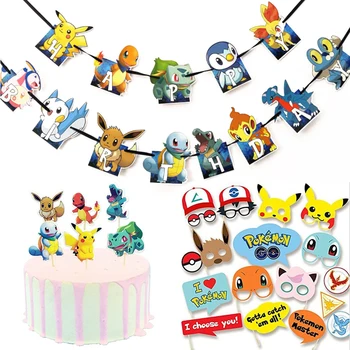 1 állítsa Pokemon témát Rajzfilm Pikachu Party kellékek Szülinapi buli banner Torta zászló Fotó kellékek, gyerek party kellékek Öltöny