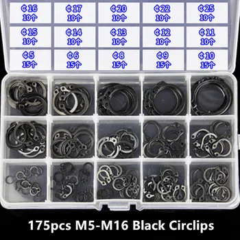 175pcs/set M5-M16 Fekete Belső Tengely Circlips Rögzítő Gyűrű Választék Kit alátétek mezőbe