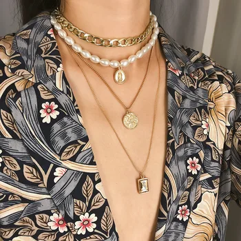 2020 luxus retro érme gem nyaklánc pulóver lánc női személyiség temperamentum többrétegű gyöngy medál nyaklánc ékszer