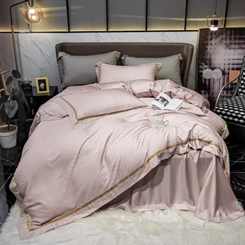 2021 Négy részes ágynemű egyszerű pamut dupla háztartási ágyba, a takaró takaró fedél hímzett twill kényelmes ágy rózsaszín