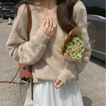2021 Téli Kötött Pulóver Női Alkalmi Laza Tiszta Színű Pulóver Office Lady Koreai Divat Ruházat Y2k Maximum Elegáns Outwear