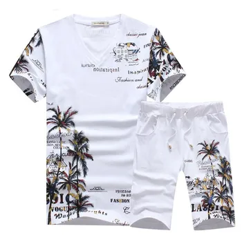 2021 új divat férfi nyári szettek rövid alkalmi kókusz-sziget a levél nyomtatása állítsa a férfiak Kínai szett póló nadrág méret 5XL