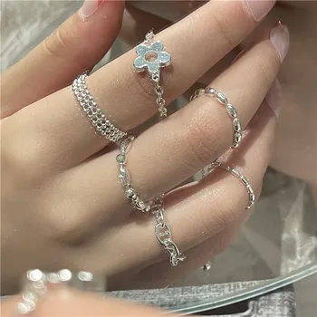 2021 Új Kpop Gyönyörű Minimalista Gyűrű Ezüst Színű Lánc Üreges Virág Állítható Gyűrű a Nők Lány Ajándékok esztétikai ékszerek
