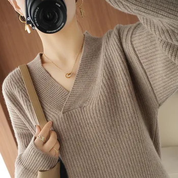 2021 őszi-téli koreai divat új pulóver női V-nyakú laza, hosszú ujjú egyszínű kötött mélypont ing