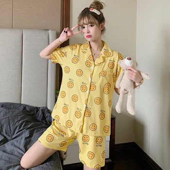2022 nyári női pizsama, rövid ujjú nadrág kardigán koreai rajzfilm aranyos, laza laza haza szolgáltatás öltöny