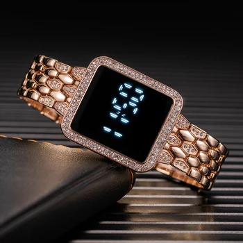 2022 Női Digitális Karóra Divat LED Touch Karóra Női Férfi Luxus Crystal Rose Gold Tér Tárcsa Sport Karóra Reloj Mujer