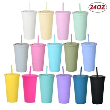 24OZ Kreatív Dupla rétegű Műanyag Szívószál Csésze 1 Csésze Cukrozott Víz Csésze Bögre Szalmával Dobon Hordozható Italt Csésze