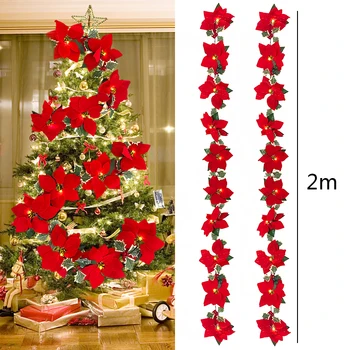 2m Karácsonyi Dísz Izzó vörösen világít Mesterséges Mikulásvirág Ál Selyem Virág String Beltéri Karácsonyi Dekoráció Garland
