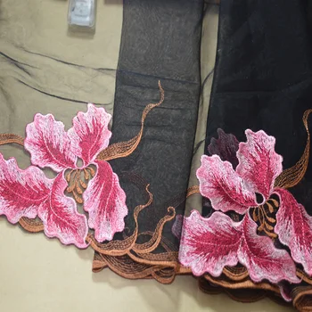 2yards/sok 27cm rózsaszín virág fekete háló Hímzés, Csipke Szegéllyel, DIY kézzel készített csipke kiegészítők textil szövet 043001