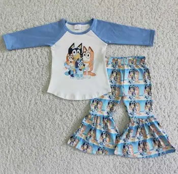 4 kutya baba rajzfilm póló lányoknak harang alsó ruha kék hosszú ujjú póló boutique ruhákat, Téli gyermek ruházat