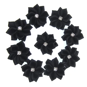 40Pcs Kis Fekete Szatén Virágok Szövet Strasszos Virág Appliqués Varrás Dekoráció Esküvői Ruha 2,8 cm