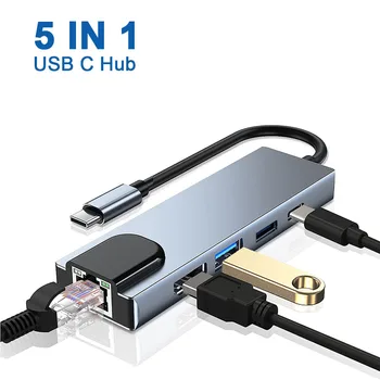 5 Az 1-ben USB-C Hub Ethernet Rj45 Lan Típus C-Hub USB-3 Adapter 4K HDMI Thunderbolt 3 USB-C Töltő PD Mac Book Pro/Levegő