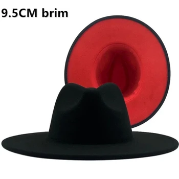 9.5 CM-es fekete piros nagy karimájú fedora kalap női varrás széles karimájú gyapjú jazz kalap klasszikus, elegáns, Panama kalap, esküvői kalap
