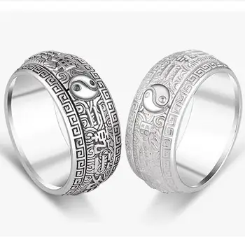 990 Ezüst sok Szerencsét Gyűrű Igazi TISZTA Ezüst délről északra Bagua Szimbólum Forgó Gyűrű Taichi Szimbólum Fordult Gyűrű