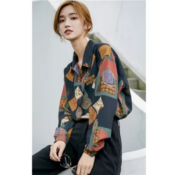 A nők Vintage Póló Retro Nyomtatott Kapcsolja Le a Gallér Chiffon Harajuku Laza Blúz, Női koreai Maximum Blusas Mujer