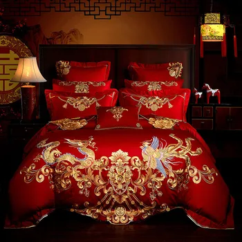 A Vörös Kína Luxus Esküvői Keleti Golden Phoenix Loong Hímzett 100% Pamut Ágyneműgarnitúra Lepedő Paplanhuzat Párnahuzat 4/6/8