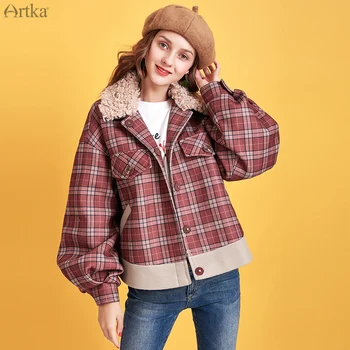 ARTKA 2019-es Téli Új Női Gyapjú Kabát Vintage Kockás Gyapjú Gallér Gyapjú Outwear Lámpás Rövid Ujjú Gyapjú Kabát WA15092D