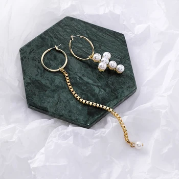 aszimmetria kis arany karika fülbevaló fehér gyöngy kereszt hosszú széles lánc tassel koreai design divat ékszer a nők