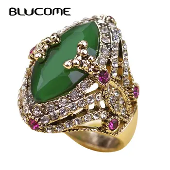 Blucome Régi Török Ékszerek Nagy Méretű Zöld Gyűrű Gyanta Gyűrűk Turco Strasszos Női Kiegészítők 2018 Márka Bijuterias