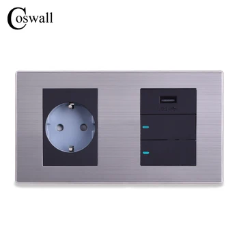 Coswall 16A EU Szabványos Fali Aljzat + USB Töltő Port Mobil 5V 2.1 Kimenet + 2 Banda 2 Mód Kapcsoló LED kijelző 160*86mm