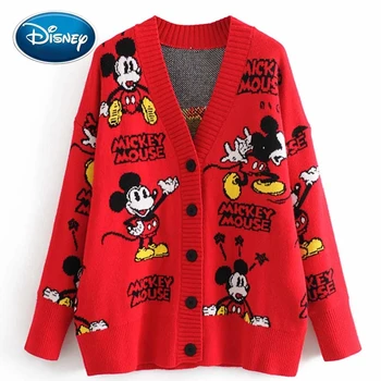 Disney Elegáns Mickey Egér Pulóver Kardigán Tetejét Piros Streetwear Divat Ruhák Laza Pulóver Nyomtatás Rajzfilm Őszi Gombra