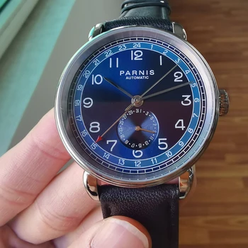 Divat Parnis 42mm Kék Számlap GMT Automata Mechanikus Férfi Karóra Bőr szíj Naptári Relojes Para Hombre Marca De Lujo 2020