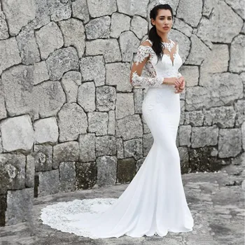 Elegáns Sellő Esküvői Ruha Hosszú Ujjú Csipke Rátét Menyasszony Ruhák Illúzió O-Nyak vestidos de noiva Bíróság Vonat 2021