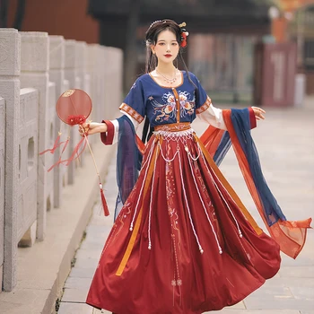 Eredeti Tang-dinasztia hanfu huayao Dan galléros retro hímzés fél karját dereka szoknya Kínai stílusú, hagyományos Han ruházat