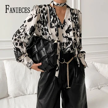 FANIECES Vintage Leopárd mintás V Nyakú Blúz Női Őszi Lámpás Ujja egysoros Laza Póló Blusa Feminina Streetwear