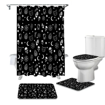 Fekete Boszorkány, Koponyát Hold Jóslás Vízálló Zuhanyzó Függöny, Szőnyeg Szett csúszásmentes Szőnyeg Vécében Fedezze Fürdőszobában Zuhanyzó Függöny