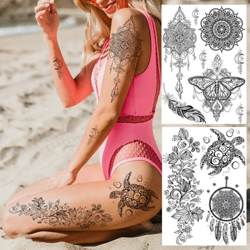 Fekete Henna Virág Ideiglenes Tetoválás A Nők A Divat Body Art Tetkóimat Reális Hamis Ékszer, Mandala Dreamcatcher Tetoválás Szexi