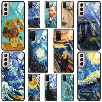 festmények Csillagos Éjszaka Van Gogh Üveg tok Samsung Galaxy S20 S21 FE S10 S9 S8 Plus Ultra 5G S10Lite Szilikon Telefon Kagyló