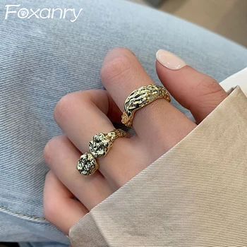 FOXANRY Minimalista 925 Sterling Ezüst Gyűrű a Nők Kreatív Franciaország Aranyozott Szabálytalan Minta Gyűrű Készlet Parti Ékszer Ajándék