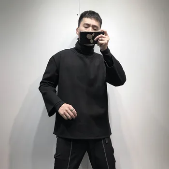 Férfi Yamamoto stílus fekete garbó vékony pulóver egyszínű elvágta design laza, háromnegyedes ujjú kabát