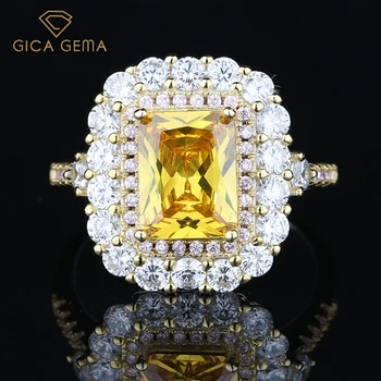 GICA GEMA Nők Pezsgő Gyémánt Eljegyzési Gyűrűk Igazi 925 Sterling Ezüst Divat Tér 7*9 mm-es Sárga Drágakő Esküvői Ékszerek
