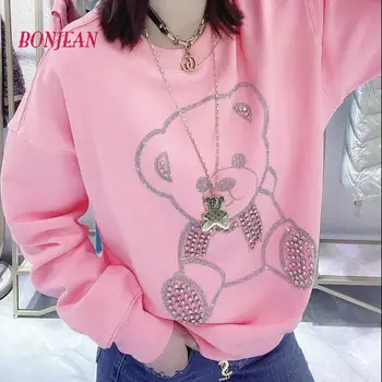 Harajuku Őszi-Téli Gyöngyös Medve Pulóver Túlméretezett Pulóver Rózsaszín Maximum Hoddies Tizenévesek számára, Pulóver, Női Streetwear