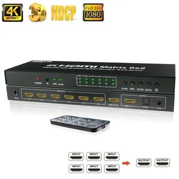 HDMI Matrix SGEYR HDMI Matrix 6x2 Matriz Kapcsoló Switcher 6 2 a Távoli Támogatás ARC & SPDIF Audio Extractor 4Kx2K 3D