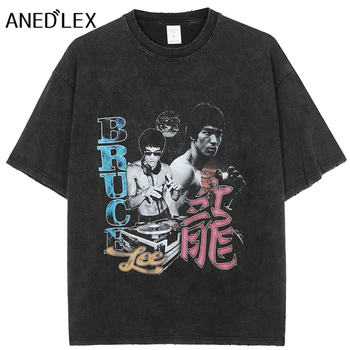 Hip-Hop Streetwear Retro Mosott Tshirt Bruce Lee Harcművész Nyomtatás Férfi Rövid Ujjú póló Divat az Öreg Mosás Pamut Póló