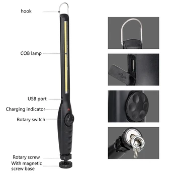 Hordozható COB Lámpa USB Újratölthető LED-es munkalámpa Műhely Ellenőrző Lámpa Torch autószerelés, Kemping