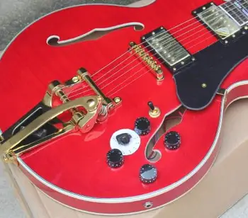 ingyenes szállítás, kiváló minőségű Új F-lyuk test Jazz piros gitár bigsby Üreges test Elektromos Gitár 8pai 335