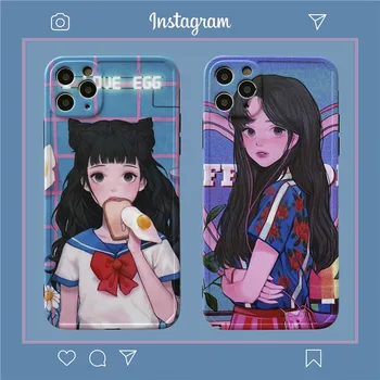 INS Aranyos Japán Anime illusztráció Lány Telefon tok iPhone 11 Pro Max Xr X Xs Max 7 8 Plusz Esetben Puha Szilikon Borító