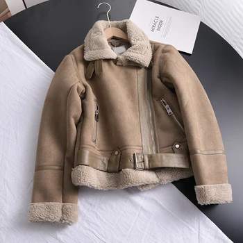 Inverno feminino grosso quente jaqueta de cordeiro curto da motocicleta marrom casacos falso shearling pelé carneiro jaquetas