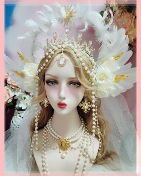 Istennő Halo Haj Korona Virág Esküvő Angyal Toll, Szárny Fejpánt Ősi Lolita Gyönyörű Barokk Gyöngy tassel Fejdísz Tiara