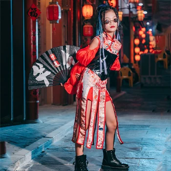 Jazz Jelmez Piros Puff Ujjú Felsők Nadrág Lányoknak Kínai Cheongsam Öltöny Street Dance Ruhát, Hip-Hop Tánc Ruha XS3099