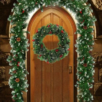 Karácsonyi Koszorú Dekoráció Lépcsőn Kandalló Fenyő Fenyő Koszorú Beltéri&Kültéri karácsonyfa LED(1,8 M)