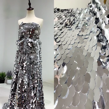 Kerek hal skála sequin háló fonal szövet Fényes ezüst Hímzés háttér ruhával dekoratív DIY varrás, ruha ruházat