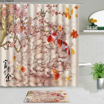 Koi Hal Cseresznye Zuhanyzó Függöny Szett Szőnyeg Szőnyeg Kínai Stílusú Virágos Táj Luxus Poliészter Szövet A Fürdőszoba Decor Szőnyeg