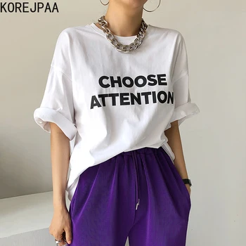 Korejpaa Női pólók 2021 koreai Divat, Elegáns Nyári Egyszerű O Nyak Levelet Print Design, Alkalmi Vad Laza, Rövid Ujjú Póló Felső