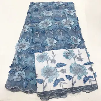 Kék 3D Virágok Afrikai Csipke Anyagból 2020 Hímzett Nigériai Guipure Esküvői Kiváló Minőségű francia Tüll Csipke Anyagból KJY9055